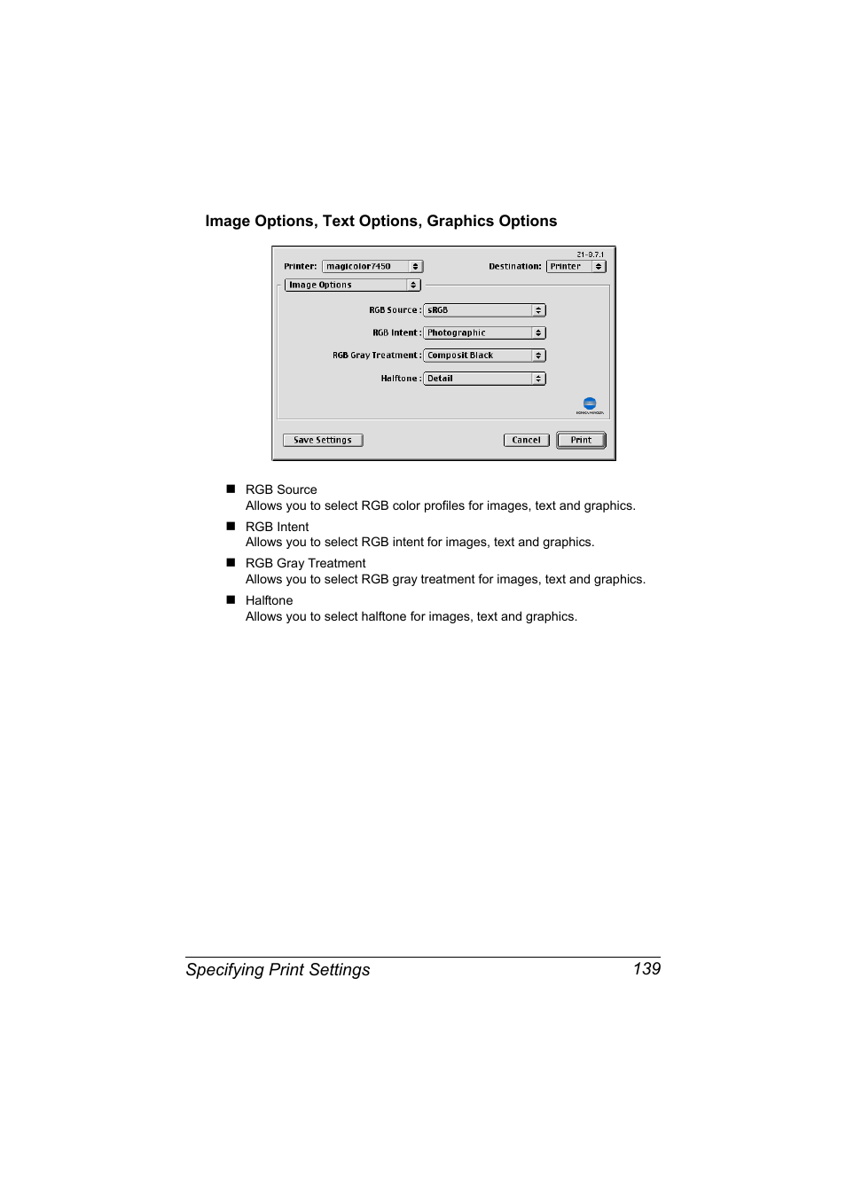 Image options, text options, graphics options, Image options, text options, graphics options 139, Specifying print settings 139 | Konica Minolta magicolor 7450 II User Manual | Page 159 / 350