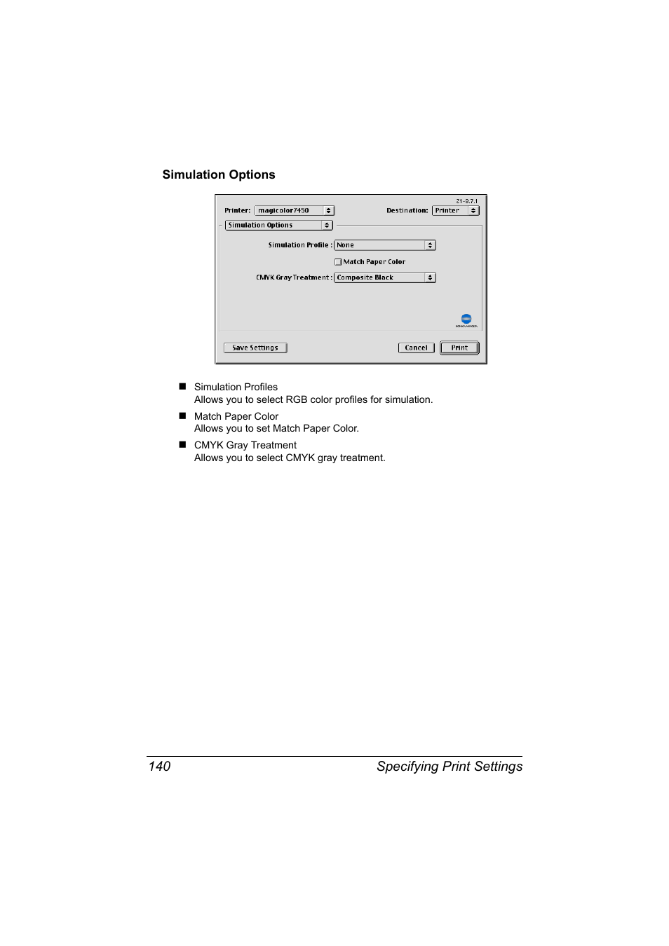 Simulation options, Simulation options 140 | Konica Minolta magicolor 7450 II User Manual | Page 160 / 350