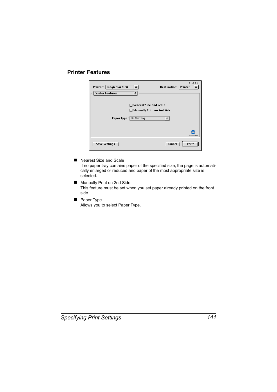 Printer features, Printer features 141 | Konica Minolta magicolor 7450 II User Manual | Page 161 / 350