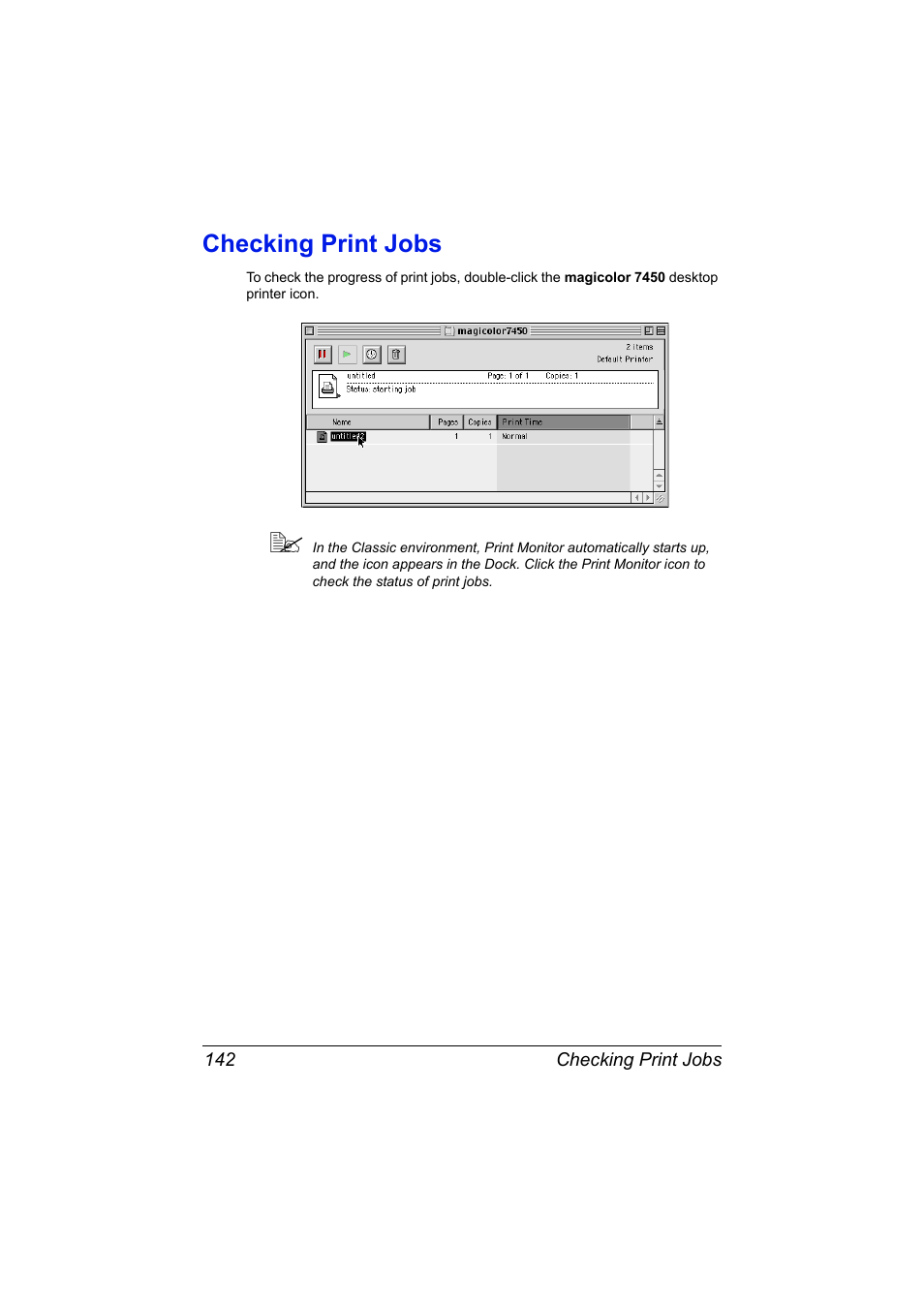 Checking print jobs, Checking print jobs 142 | Konica Minolta magicolor 7450 II User Manual | Page 162 / 350