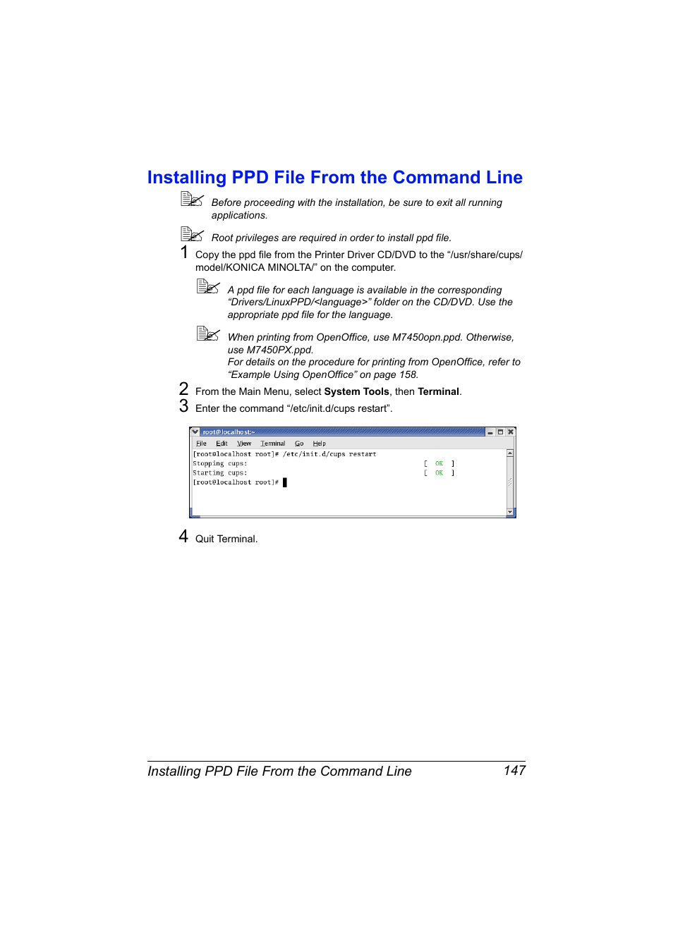 Installing ppd file from the command line, Installing ppd file from the command line 147 | Konica Minolta magicolor 7450 II User Manual | Page 167 / 350