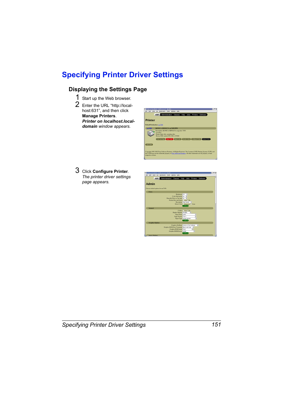 Specifying printer driver settings, Specifying printer driver settings 151 | Konica Minolta magicolor 7450 II User Manual | Page 171 / 350