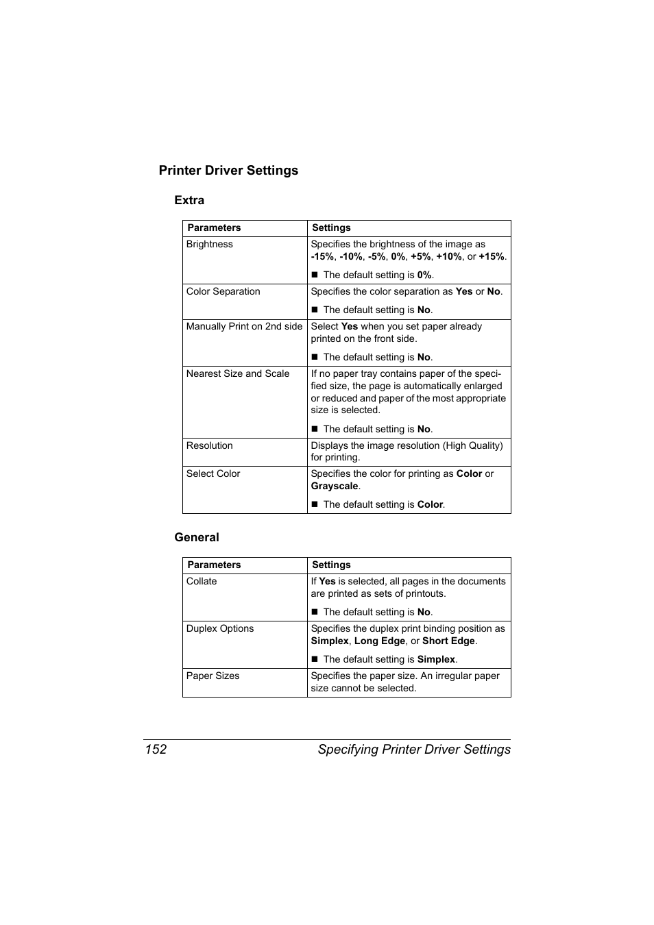 Printer driver settings, Extra, General | Printer driver settings 152, Extra 152 general 152 | Konica Minolta magicolor 7450 II User Manual | Page 172 / 350