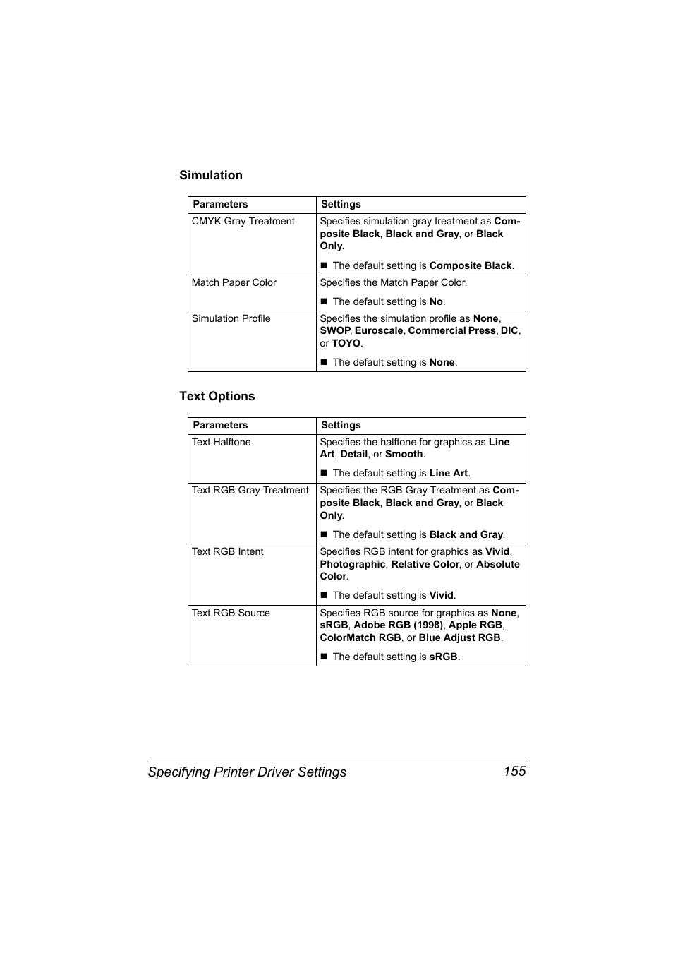 Simulation, Text options, Simulation 155 text options 155 | Specifying printer driver settings 155 | Konica Minolta magicolor 7450 II User Manual | Page 175 / 350