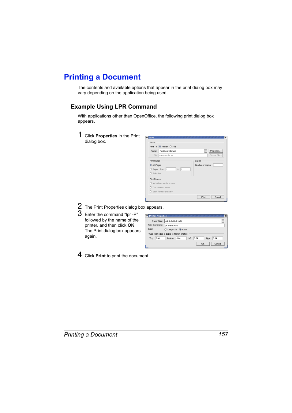Printing a document, Example using lpr command, Printing a document 157 | Example using lpr command 157 | Konica Minolta magicolor 7450 II User Manual | Page 177 / 350