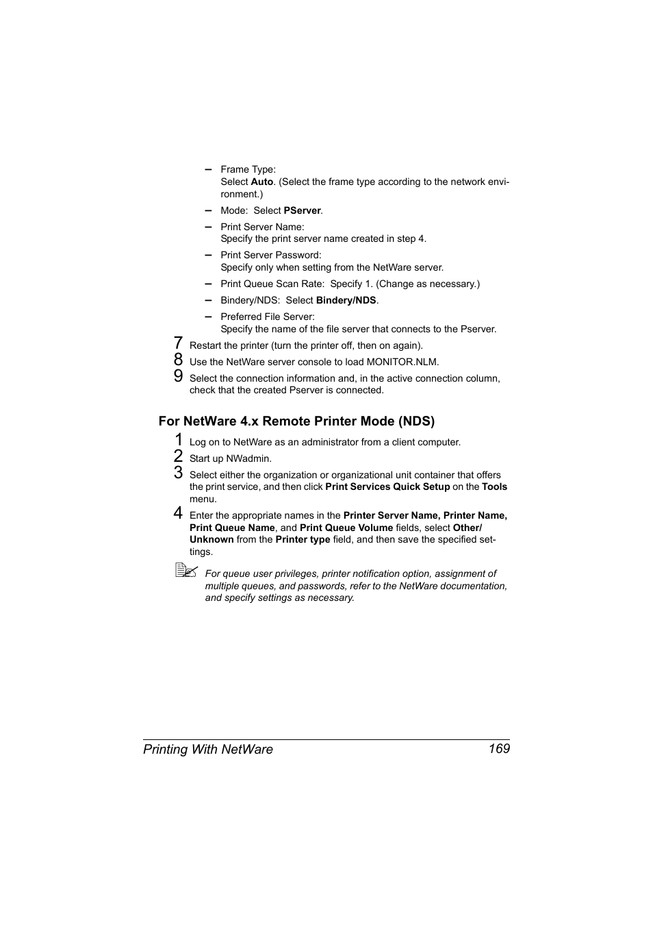 For netware 4.x remote printer mode (nds), For netware 4.x remote printer mode (nds) 169 | Konica Minolta magicolor 7450 II User Manual | Page 189 / 350