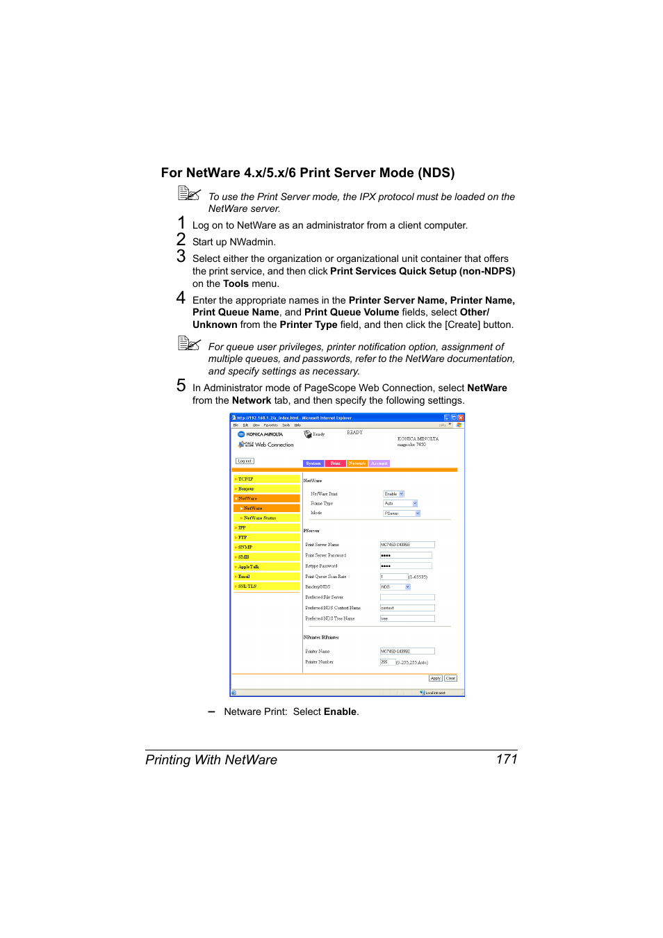 For netware 4.x/5.x/6 print server mode (nds), For netware 4.x/5.x/6 print server mode (nds) 171 | Konica Minolta magicolor 7450 II User Manual | Page 191 / 350