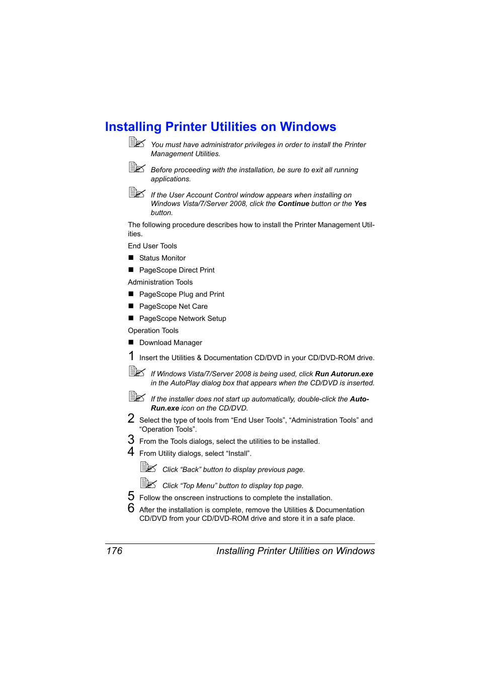Installing printer utilities on windows, Installing printer utilities on windows 176 | Konica Minolta magicolor 7450 II User Manual | Page 196 / 350