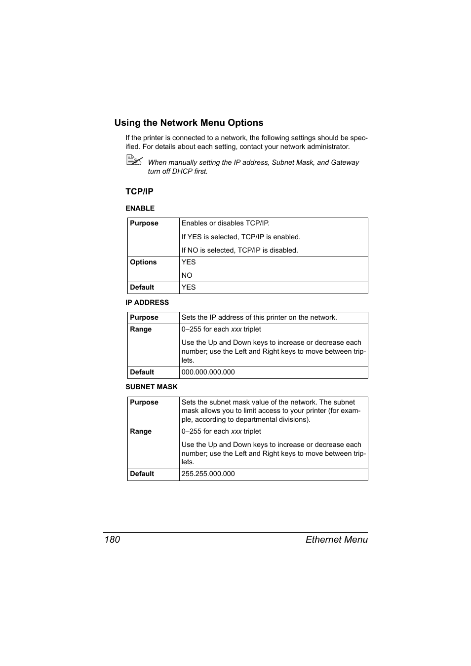 Using the network menu options, Tcp/ip, Using the network menu options 180 | Tcp/ip 180, Ethernet menu 180 using the network menu options | Konica Minolta magicolor 7450 II User Manual | Page 200 / 350