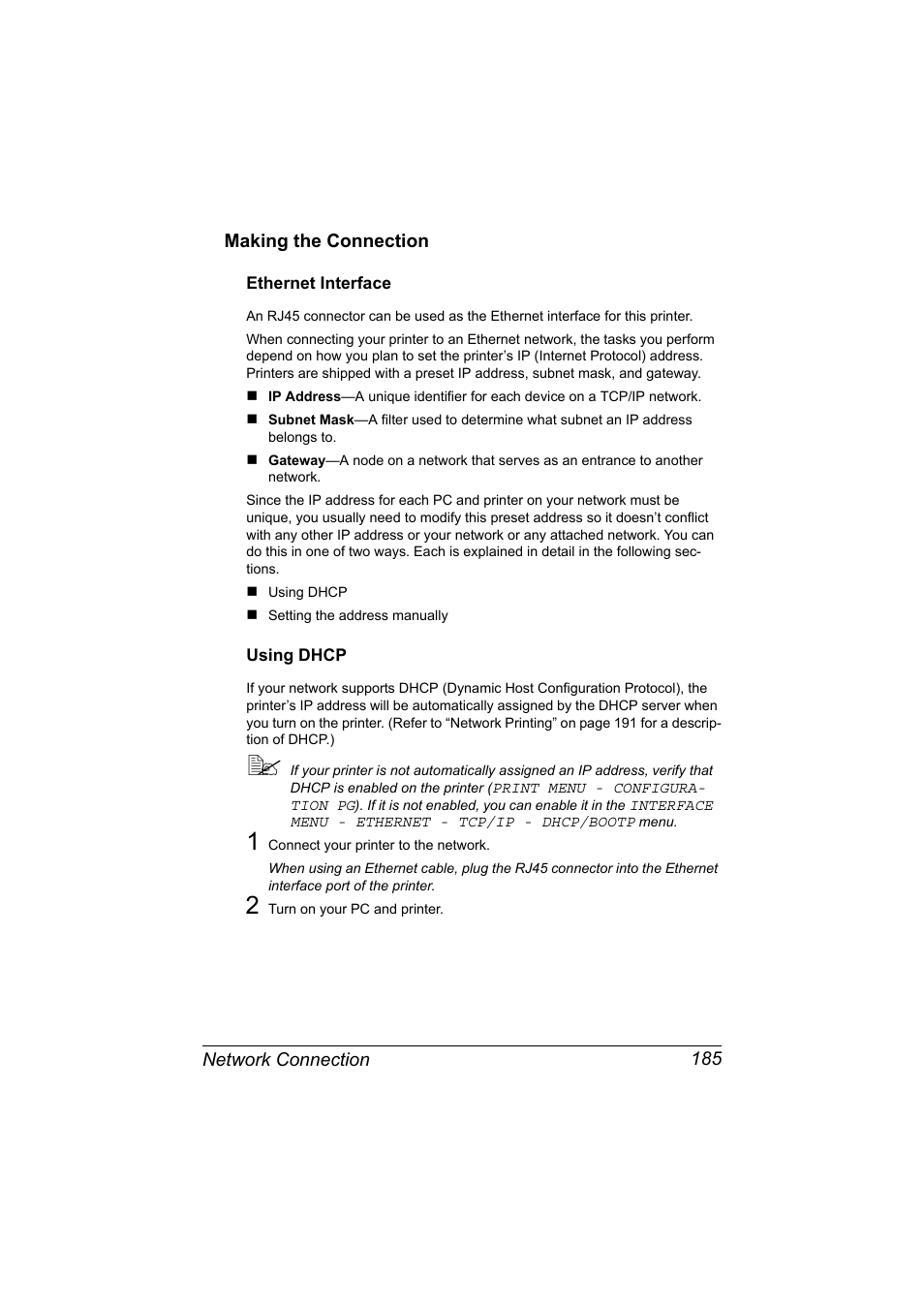 Making the connection, Ethernet interface, Using dhcp | Making the connection 185, Ethernet interface 185 using dhcp 185 | Konica Minolta magicolor 7450 II User Manual | Page 205 / 350