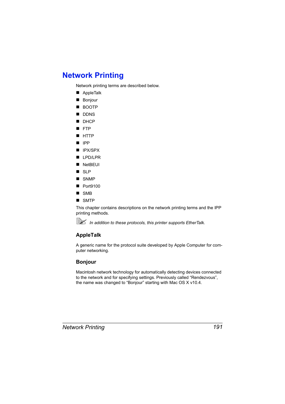 Network printing, Appletalk, Bonjour | Network printing 191, Appletalk 191 bonjour 191 | Konica Minolta magicolor 7450 II User Manual | Page 211 / 350