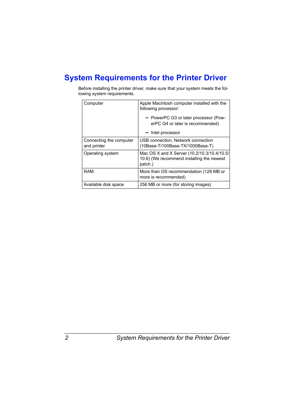 System requirements for the printer driver, System requirements for the printer driver 2 | Konica Minolta magicolor 7450 II User Manual | Page 22 / 350