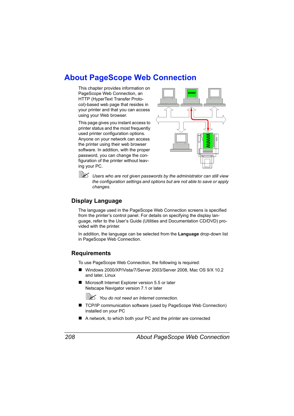 Display language, Requirements, Display language 208 requirements 208 | About pagescope web connection | Konica Minolta magicolor 7450 II User Manual | Page 228 / 350