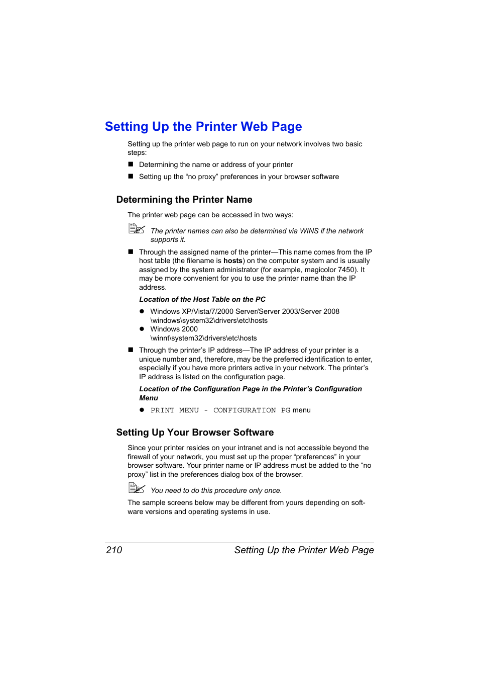 Determining the printer name, Setting up your browser software, Setting up the printer web page | Konica Minolta magicolor 7450 II User Manual | Page 230 / 350