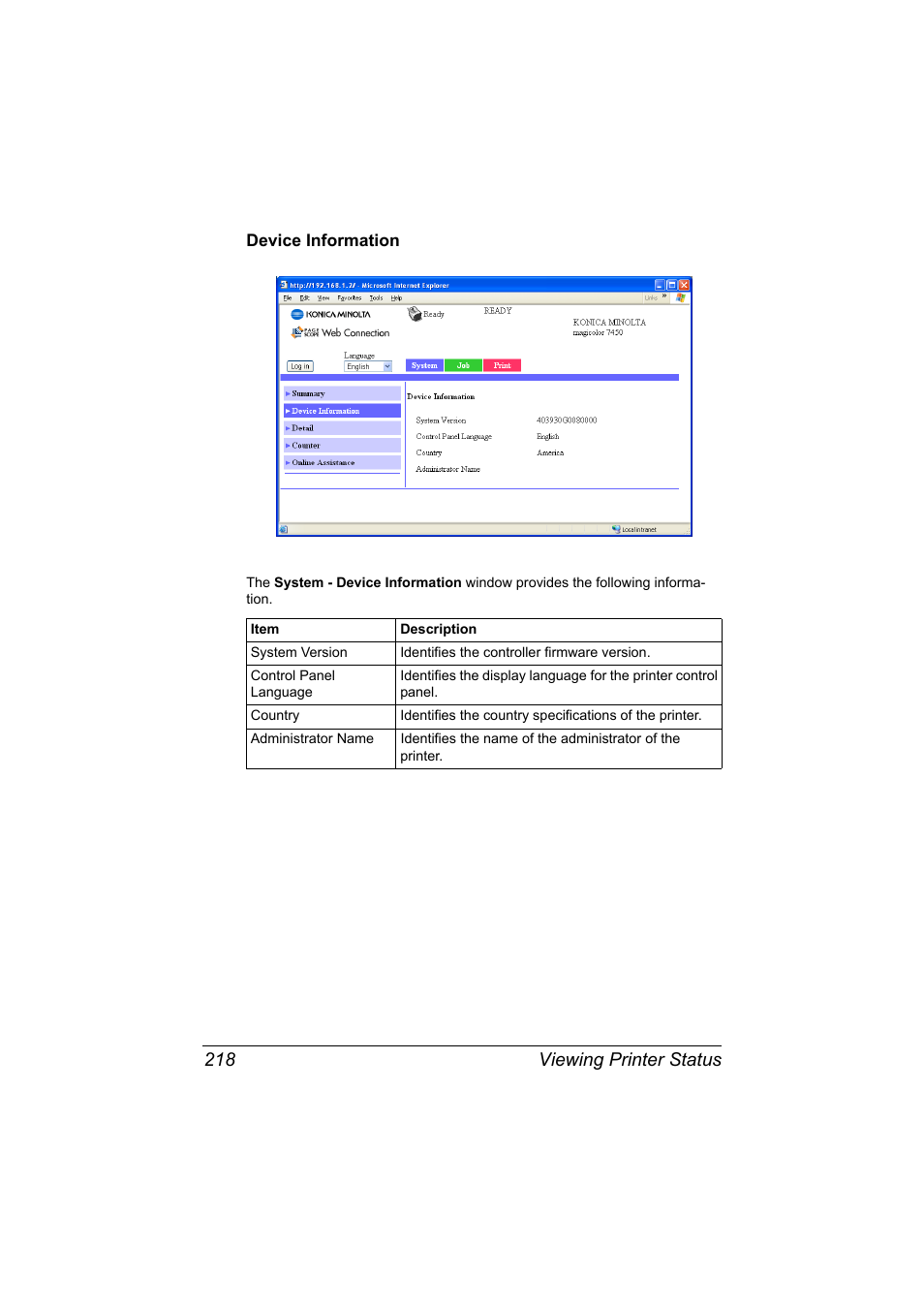 Device information, Device information 218, Viewing printer status 218 | Konica Minolta magicolor 7450 II User Manual | Page 238 / 350