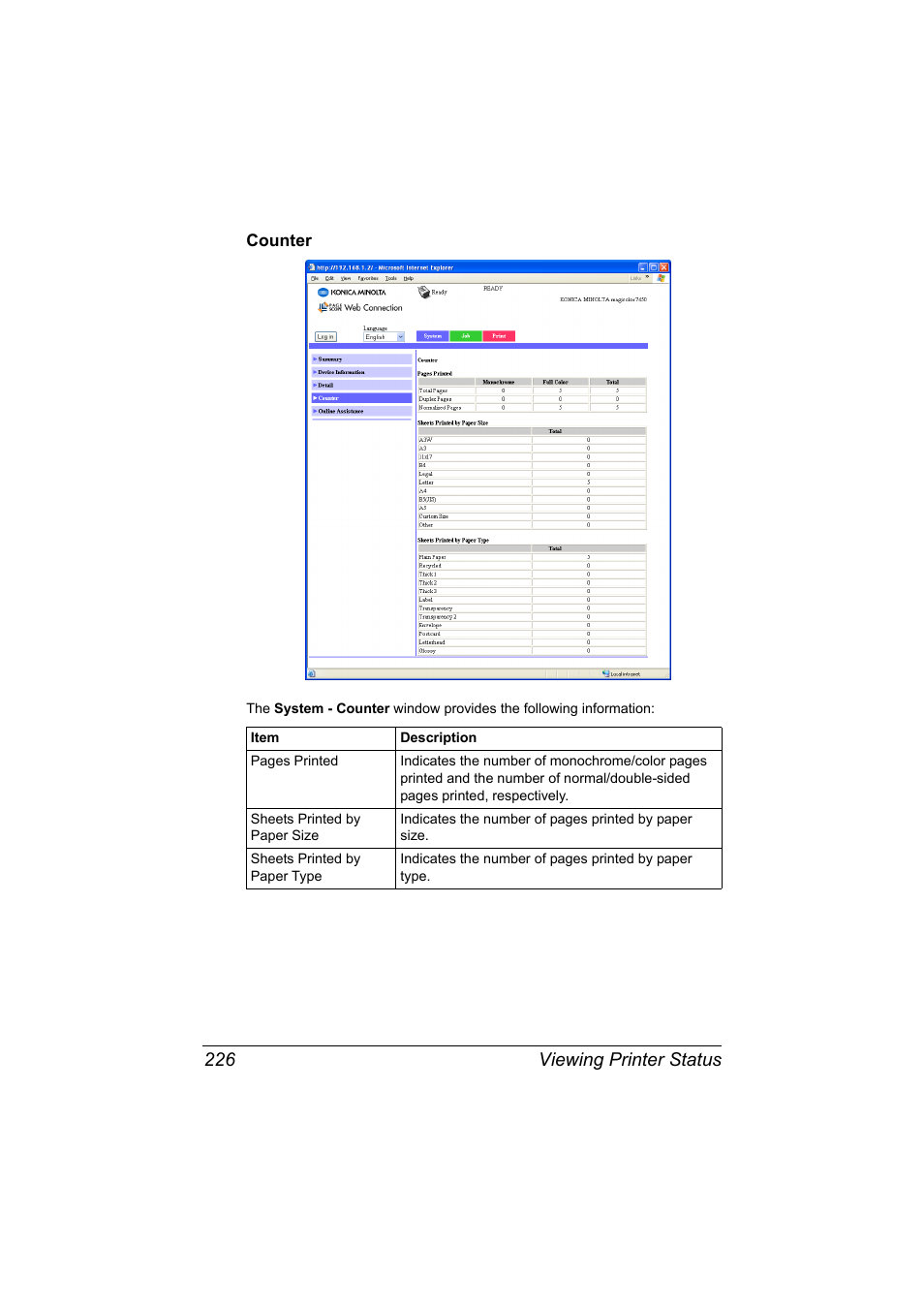 Counter, Counter 226, Viewing printer status 226 | Konica Minolta magicolor 7450 II User Manual | Page 246 / 350