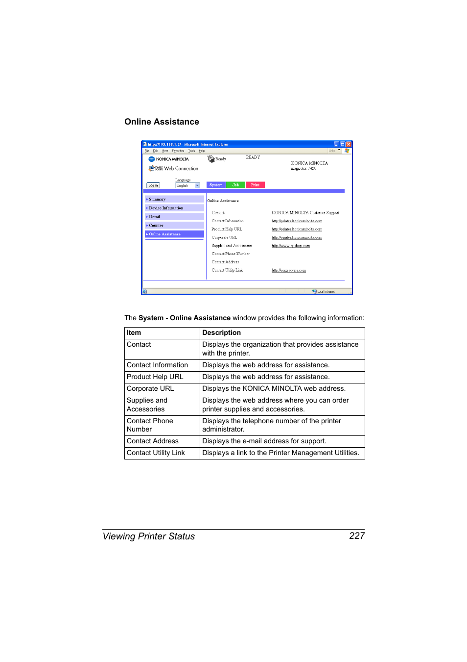 Online assistance, Online assistance 227, Viewing printer status 227 | Konica Minolta magicolor 7450 II User Manual | Page 247 / 350