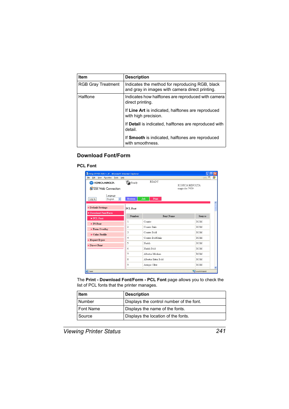 Download font/form, Download font/form 241, Viewing printer status 241 | Konica Minolta magicolor 7450 II User Manual | Page 261 / 350