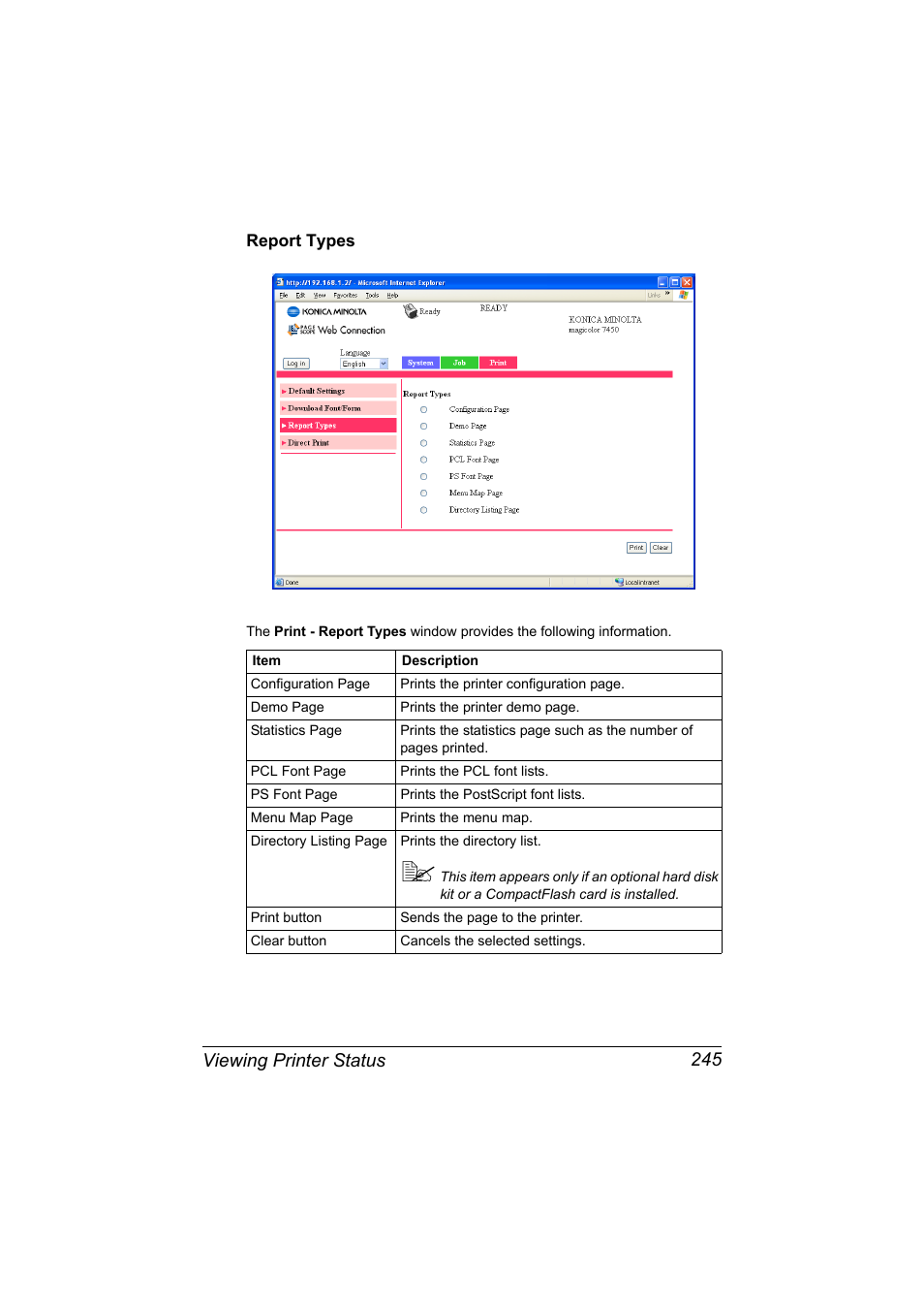 Report types, Report types 245, Viewing printer status 245 | Konica Minolta magicolor 7450 II User Manual | Page 265 / 350