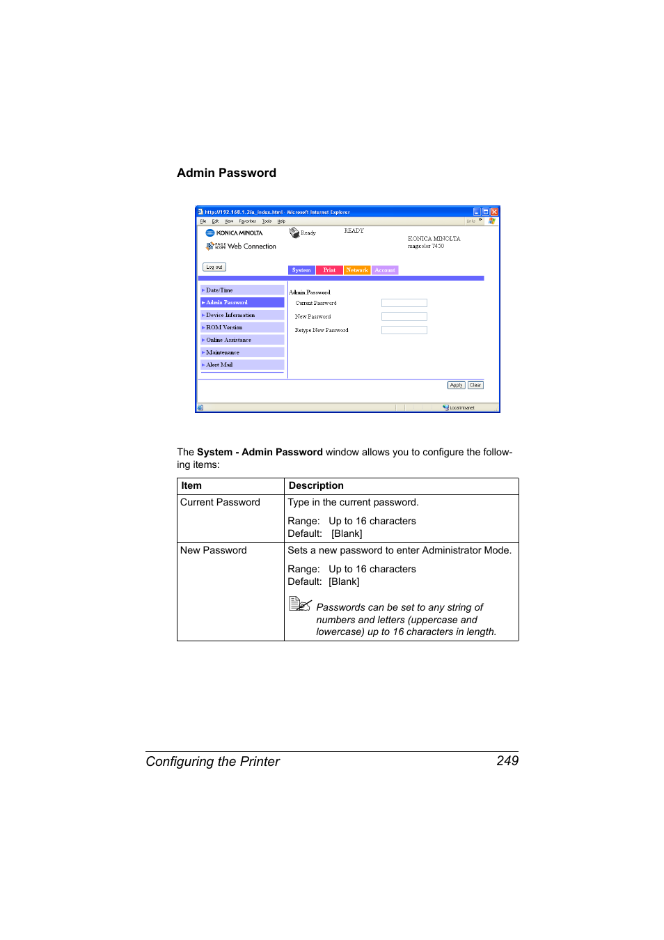 Admin password, Admin password 249 | Konica Minolta magicolor 7450 II User Manual | Page 269 / 350