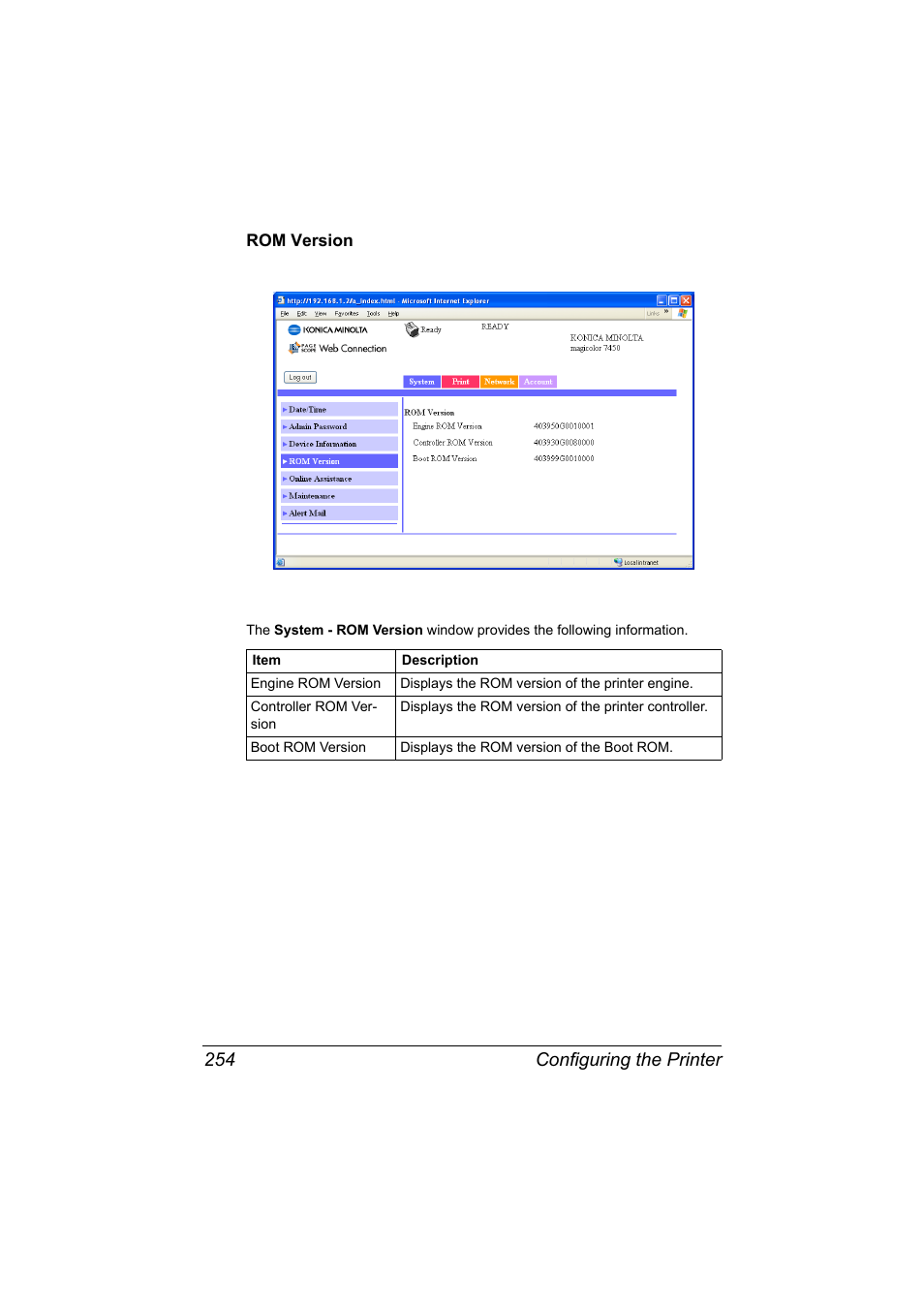 Rom version, Rom version 254, Configuring the printer 254 | Konica Minolta magicolor 7450 II User Manual | Page 274 / 350