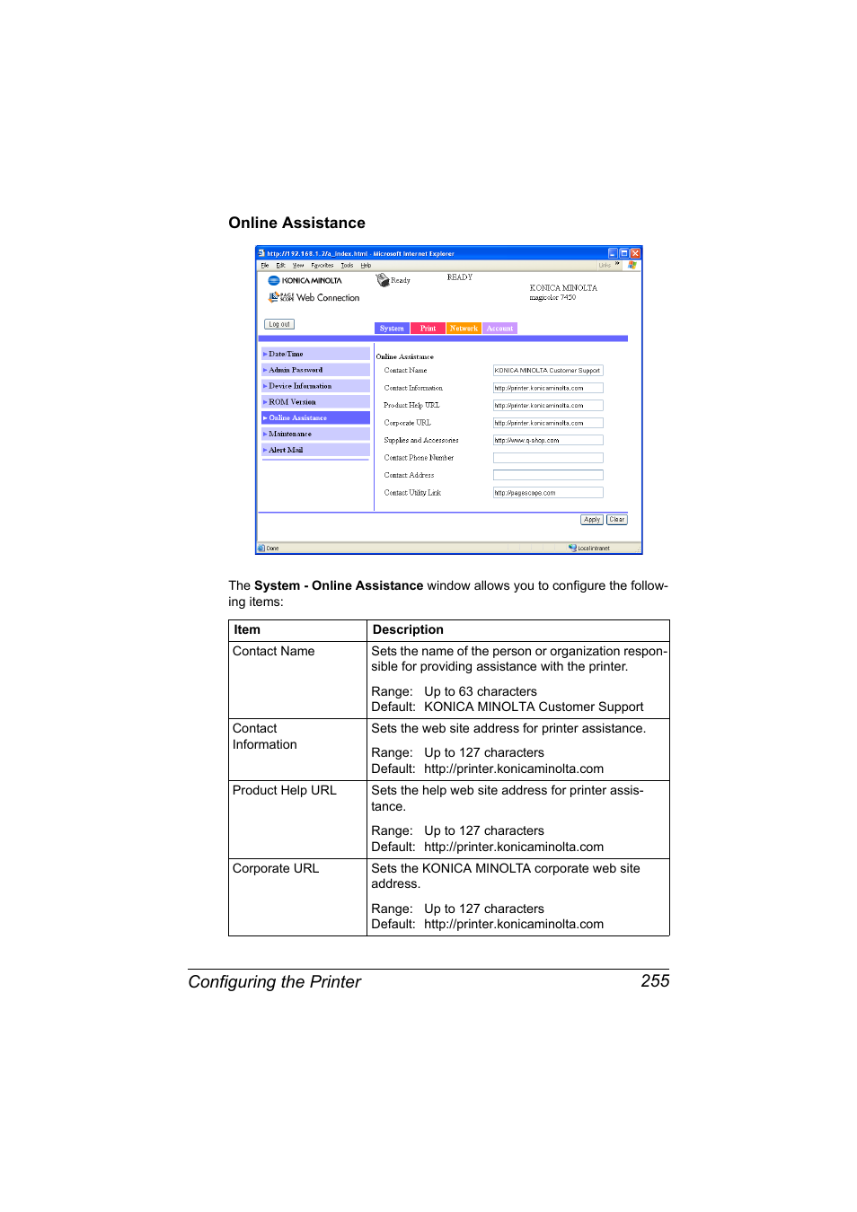 Online assistance, Online assistance 255, Configuring the printer 255 | Konica Minolta magicolor 7450 II User Manual | Page 275 / 350