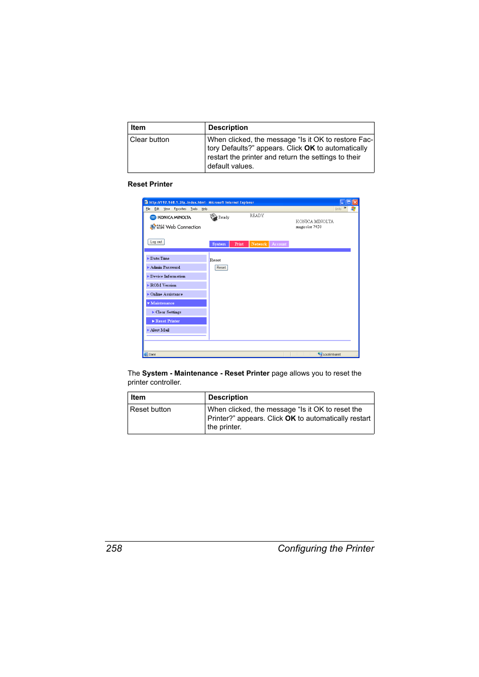 Configuring the printer 258 | Konica Minolta magicolor 7450 II User Manual | Page 278 / 350