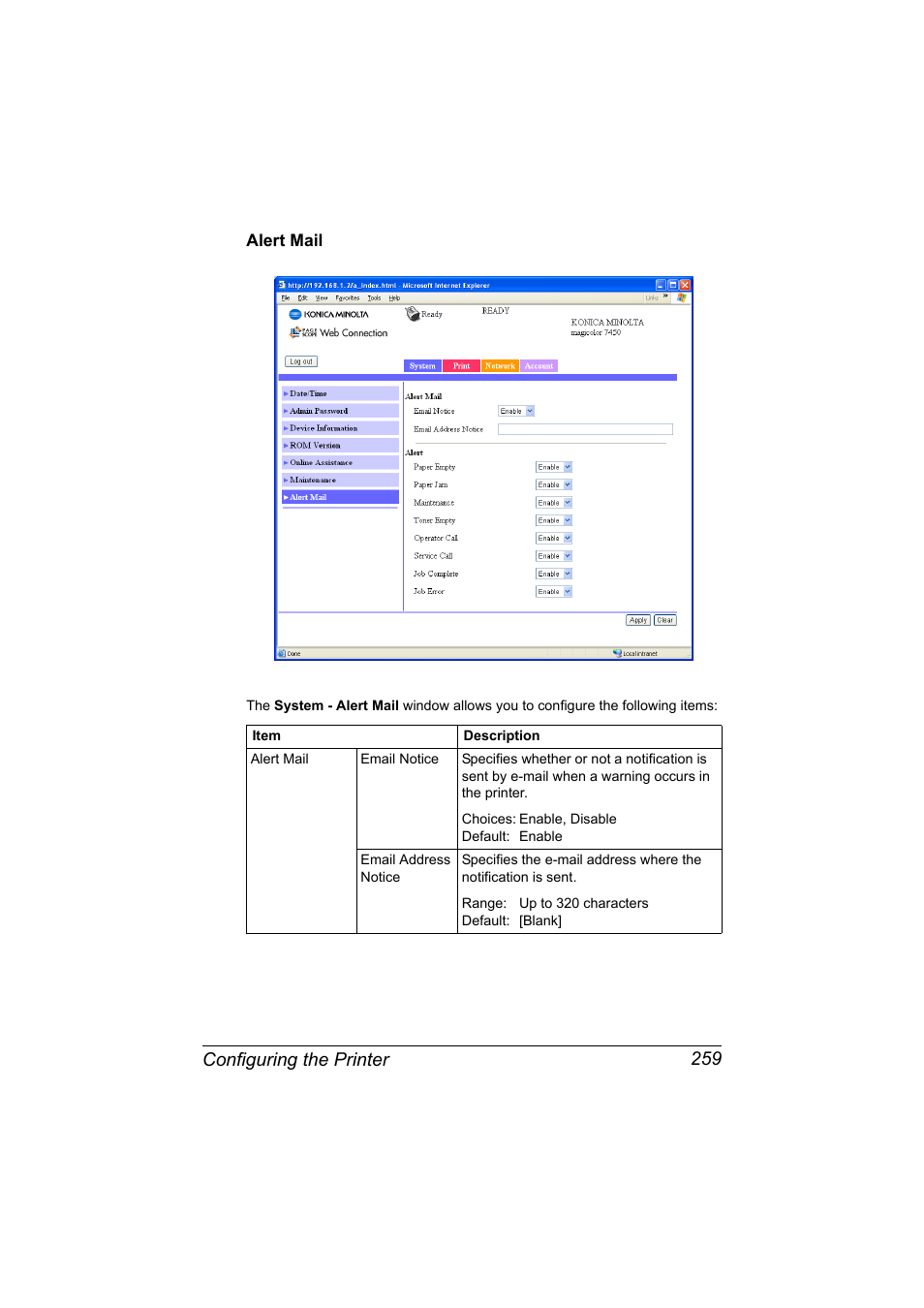 Alert mail, Alert mail 259, Configuring the printer 259 | Konica Minolta magicolor 7450 II User Manual | Page 279 / 350