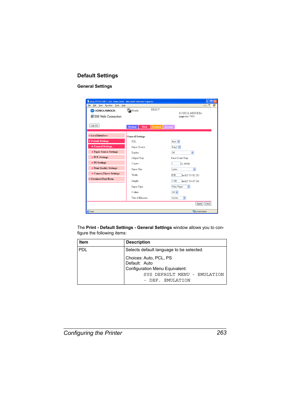 Default settings, Default settings 263, Configuring the printer 263 | Konica Minolta magicolor 7450 II User Manual | Page 283 / 350