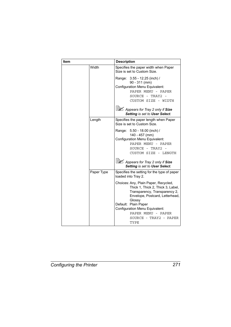 Configuring the printer 271 | Konica Minolta magicolor 7450 II User Manual | Page 291 / 350