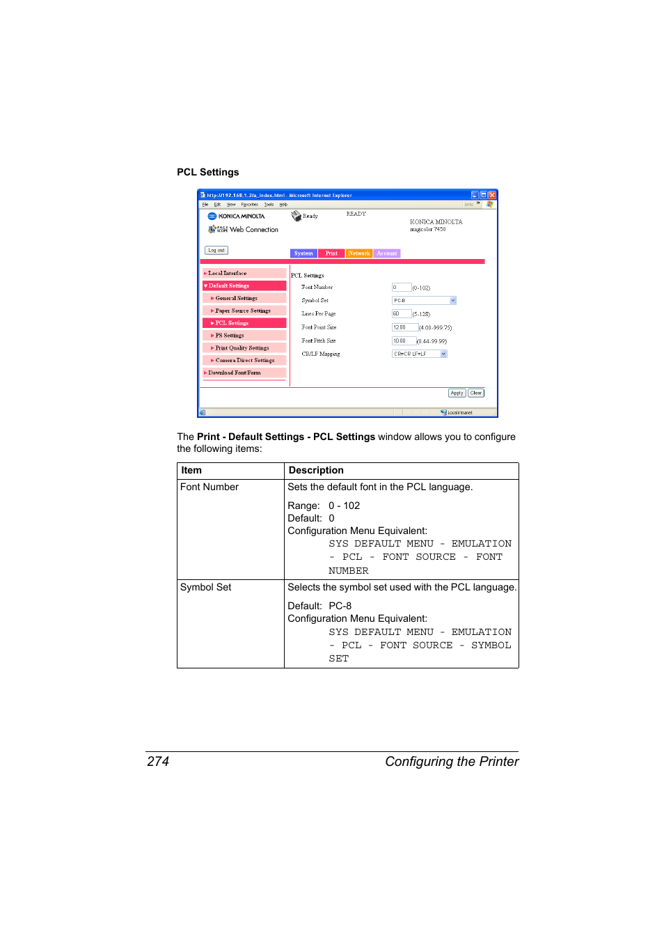 Configuring the printer 274 | Konica Minolta magicolor 7450 II User Manual | Page 294 / 350