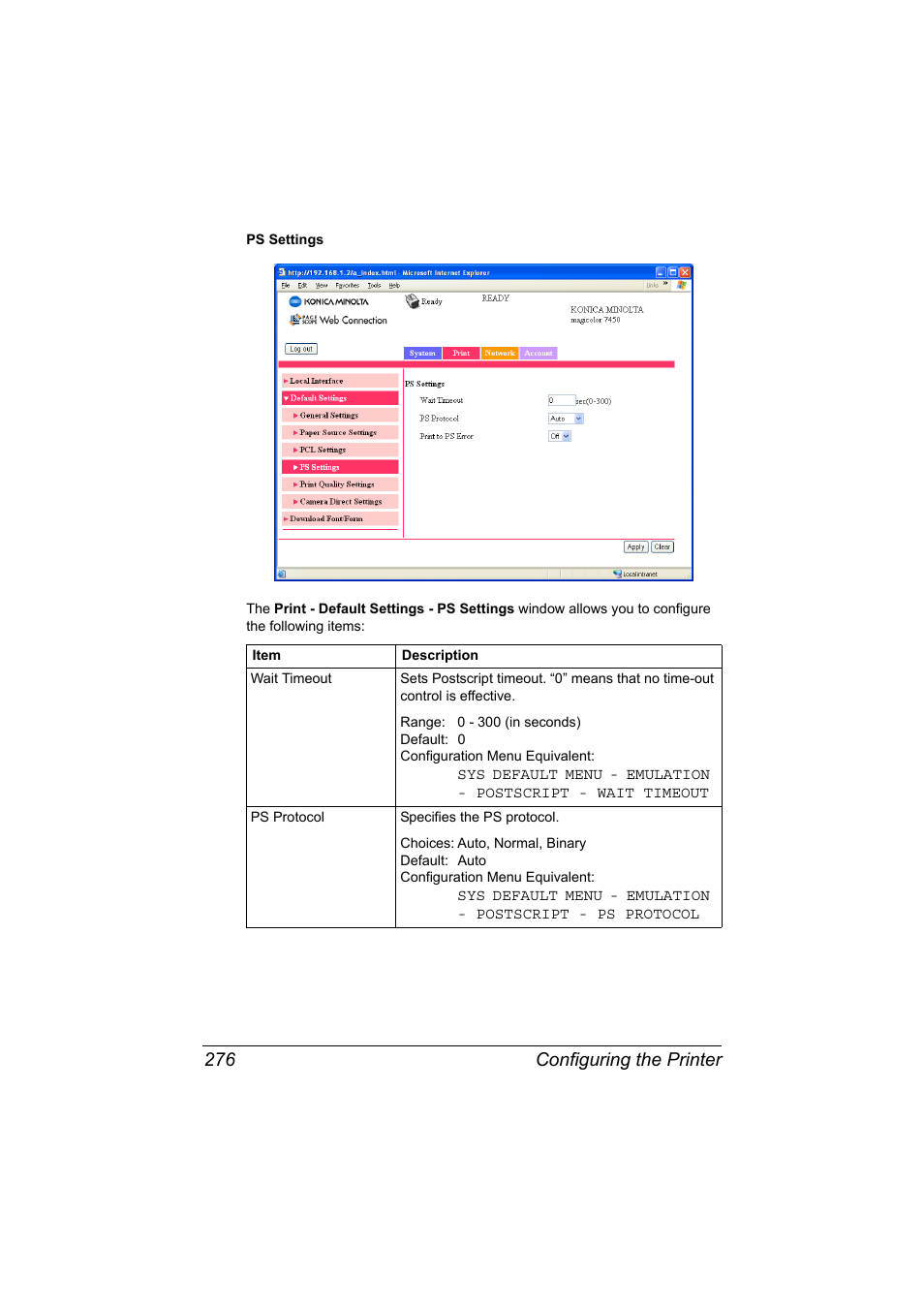 Configuring the printer 276 | Konica Minolta magicolor 7450 II User Manual | Page 296 / 350