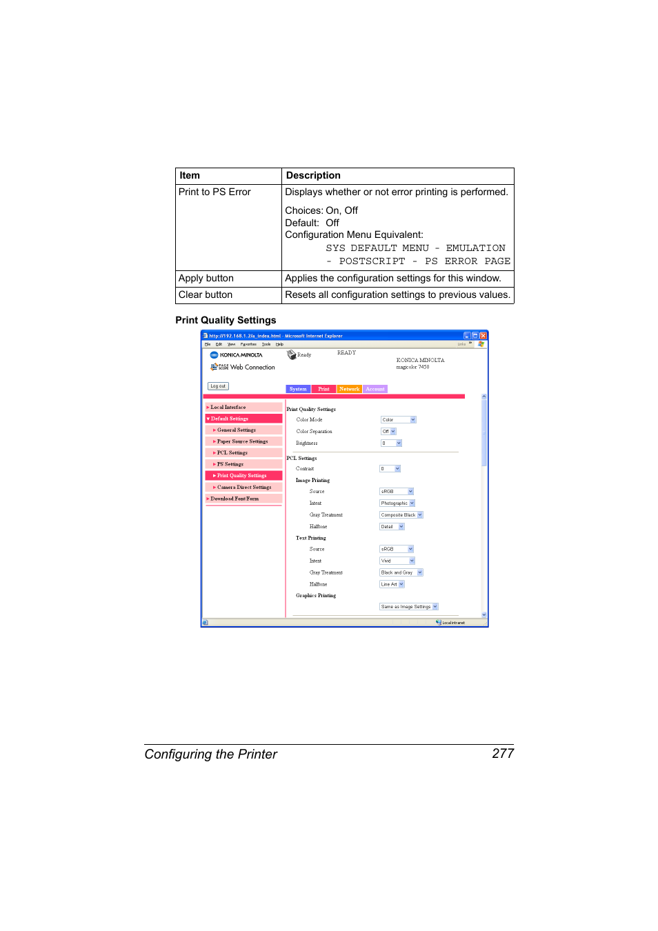 Configuring the printer 277 | Konica Minolta magicolor 7450 II User Manual | Page 297 / 350