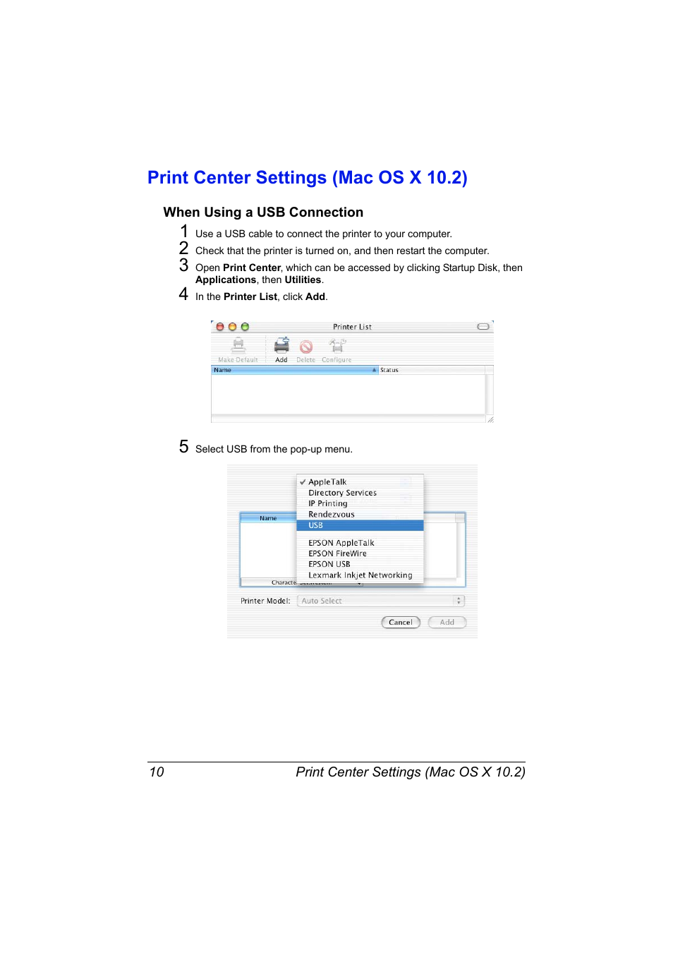 Print center settings (mac os x 10.2), When using a usb connection, Print center settings (mac os x 10.2) 10 | When using a usb connection 10 | Konica Minolta magicolor 7450 II User Manual | Page 30 / 350