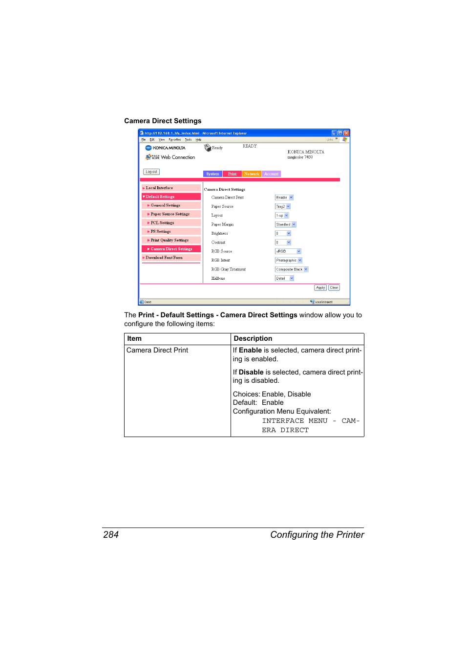 Configuring the printer 284 | Konica Minolta magicolor 7450 II User Manual | Page 304 / 350