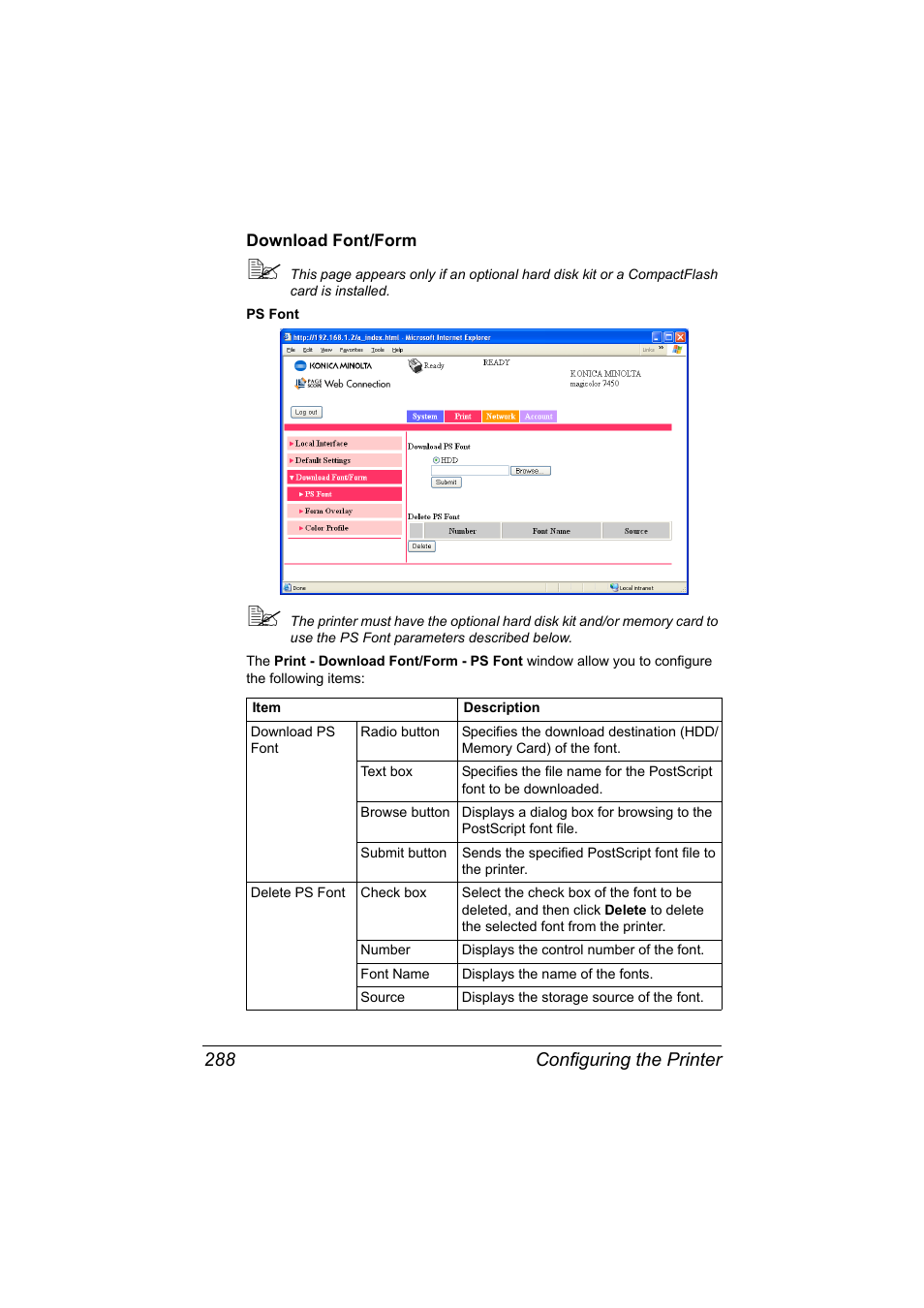 Download font/form, Download font/form 288, Configuring the printer 288 | Konica Minolta magicolor 7450 II User Manual | Page 308 / 350