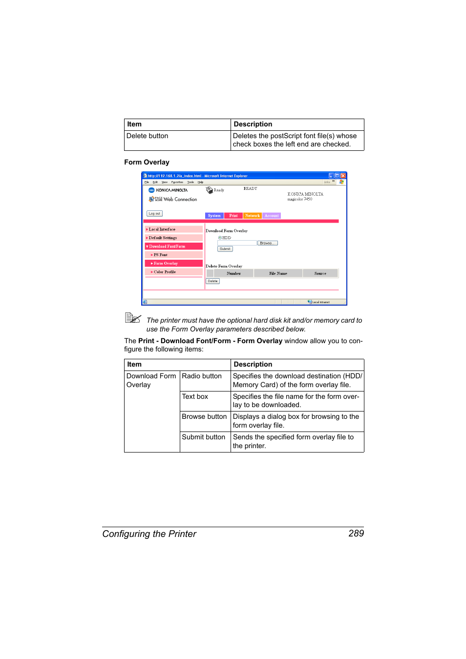 Configuring the printer 289 | Konica Minolta magicolor 7450 II User Manual | Page 309 / 350