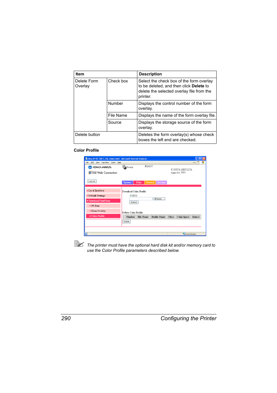 Configuring the printer 290 | Konica Minolta magicolor 7450 II User Manual | Page 310 / 350