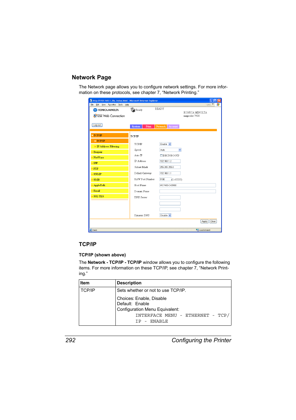 Tcp/ip, Tcp/ip 292, Configuring the printer 292 network page | Konica Minolta magicolor 7450 II User Manual | Page 312 / 350