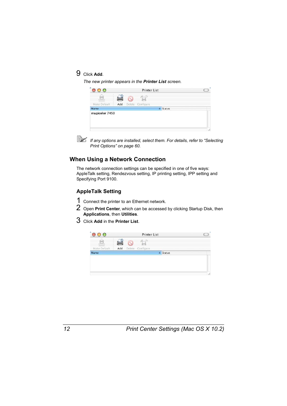 When using a network connection, Appletalk setting, When using a network connection 12 | Appletalk setting 12 | Konica Minolta magicolor 7450 II User Manual | Page 32 / 350