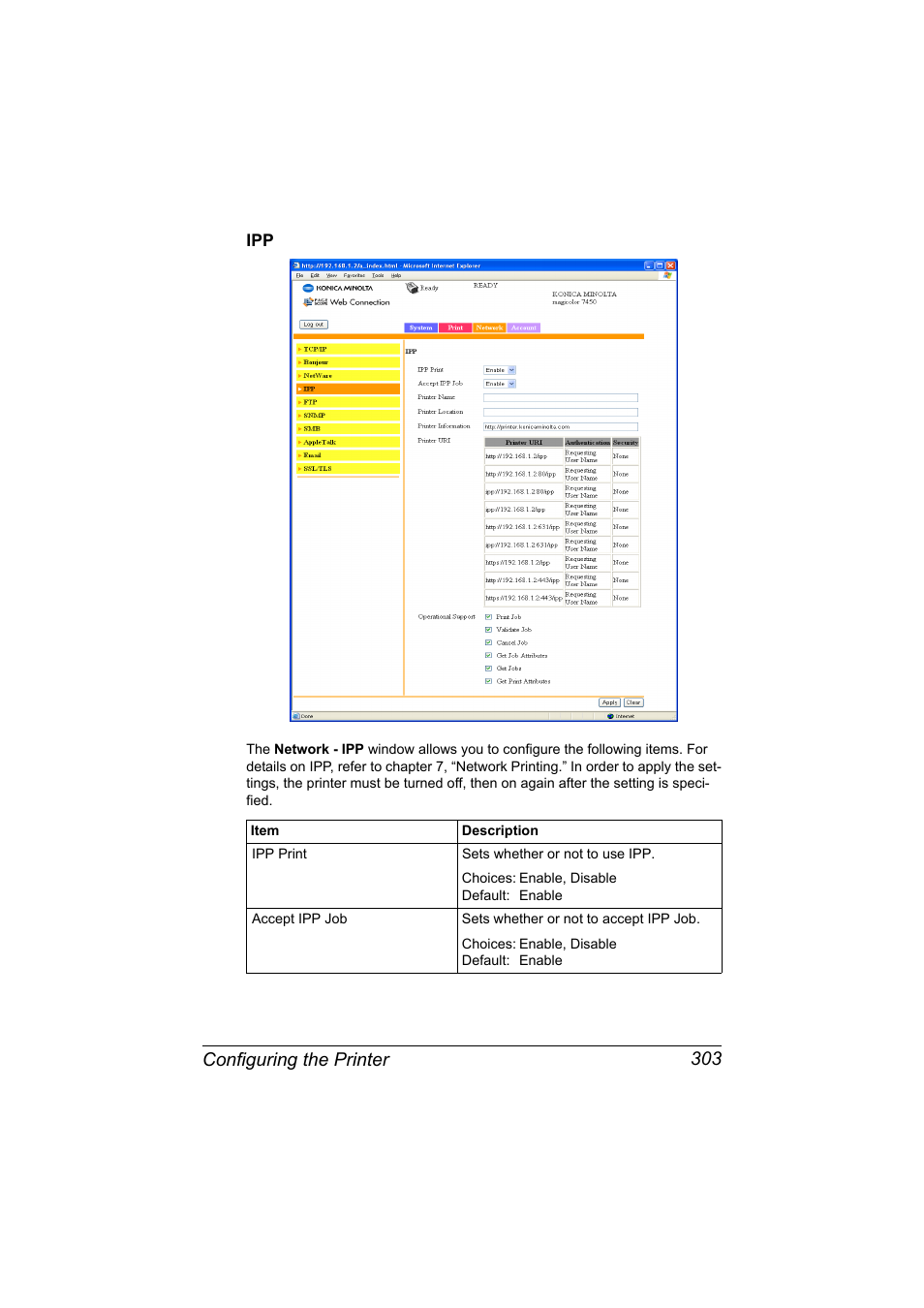 Ipp 303, Configuring the printer 303 | Konica Minolta magicolor 7450 II User Manual | Page 323 / 350