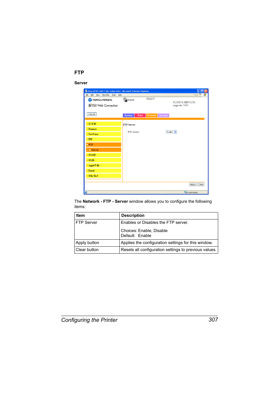 Ftp 307, Configuring the printer 307 | Konica Minolta magicolor 7450 II User Manual | Page 327 / 350