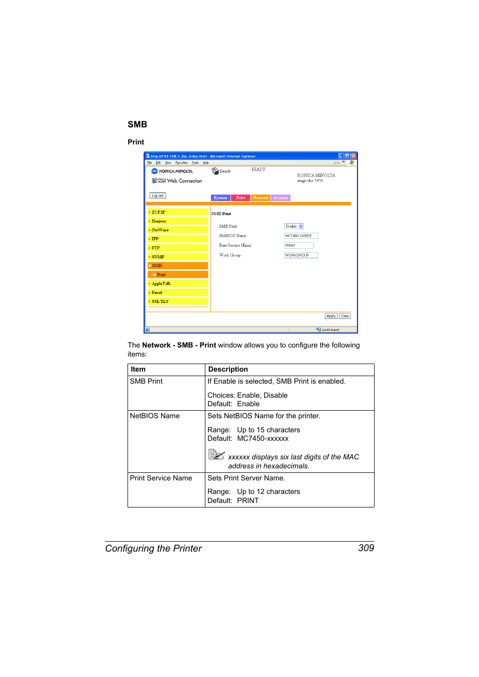 Smb 309, Configuring the printer 309 | Konica Minolta magicolor 7450 II User Manual | Page 329 / 350