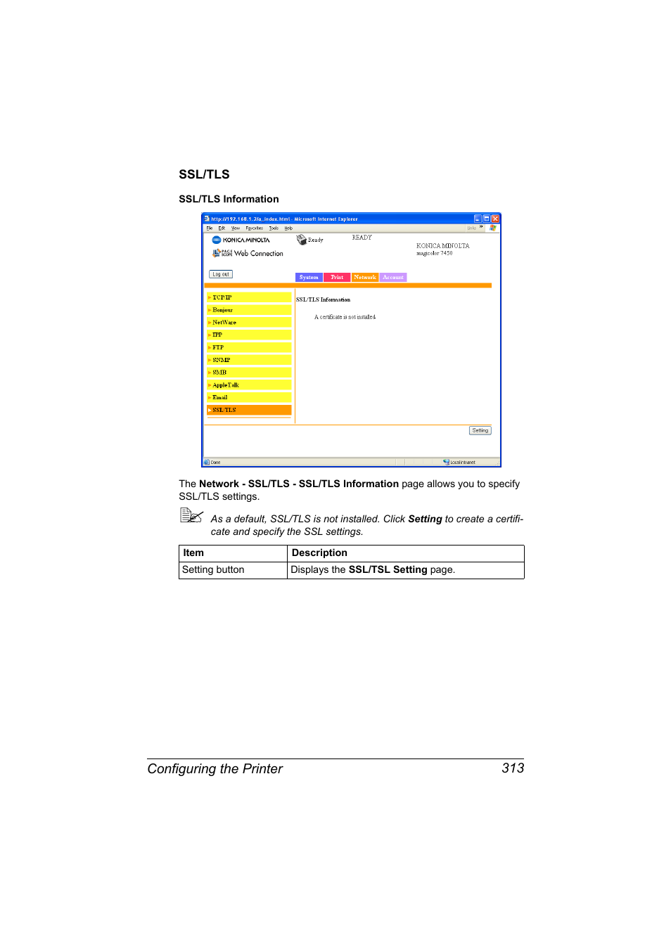 Ssl/tls, Ssl/tls 313 | Konica Minolta magicolor 7450 II User Manual | Page 333 / 350