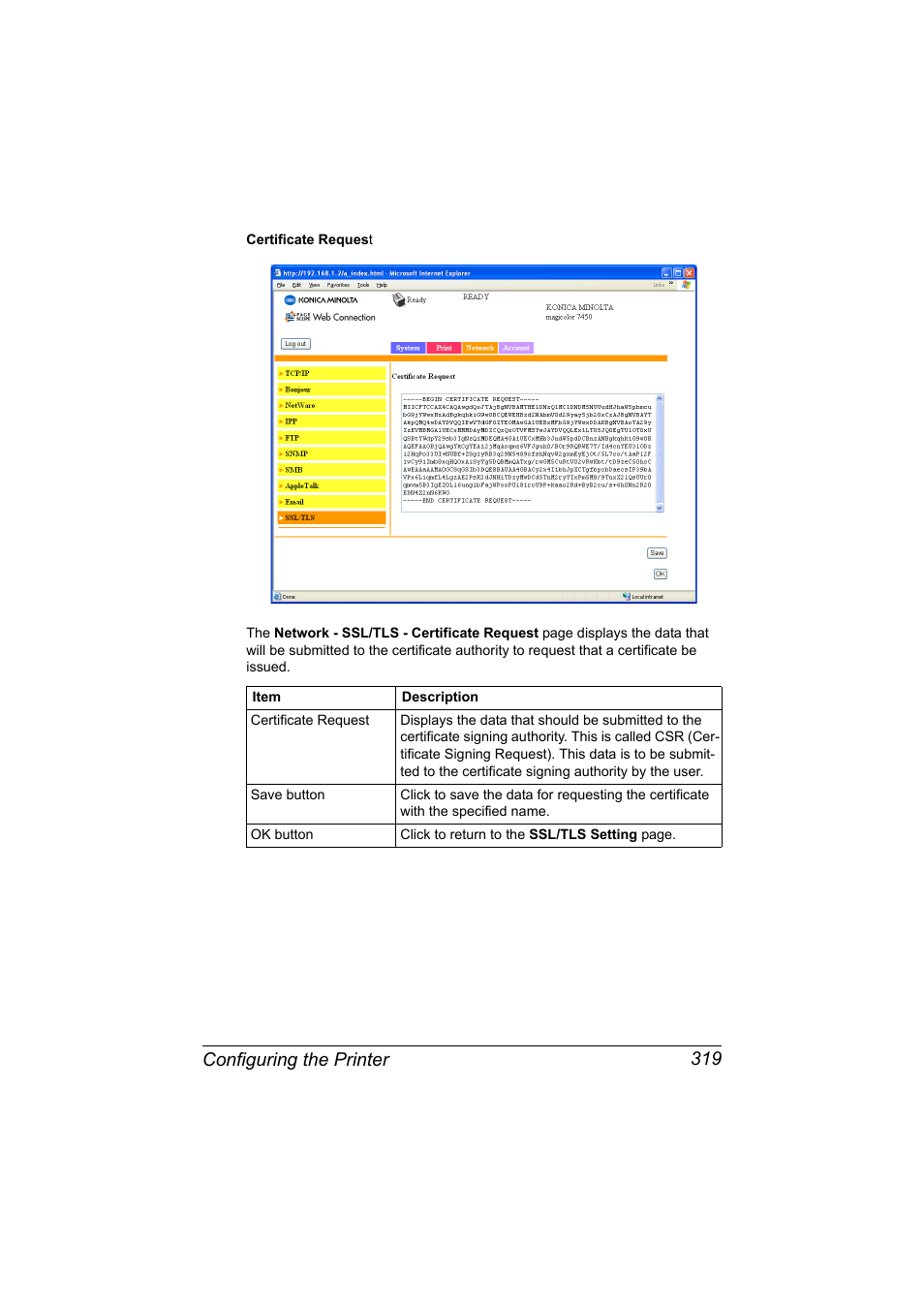 Configuring the printer 319 | Konica Minolta magicolor 7450 II User Manual | Page 339 / 350