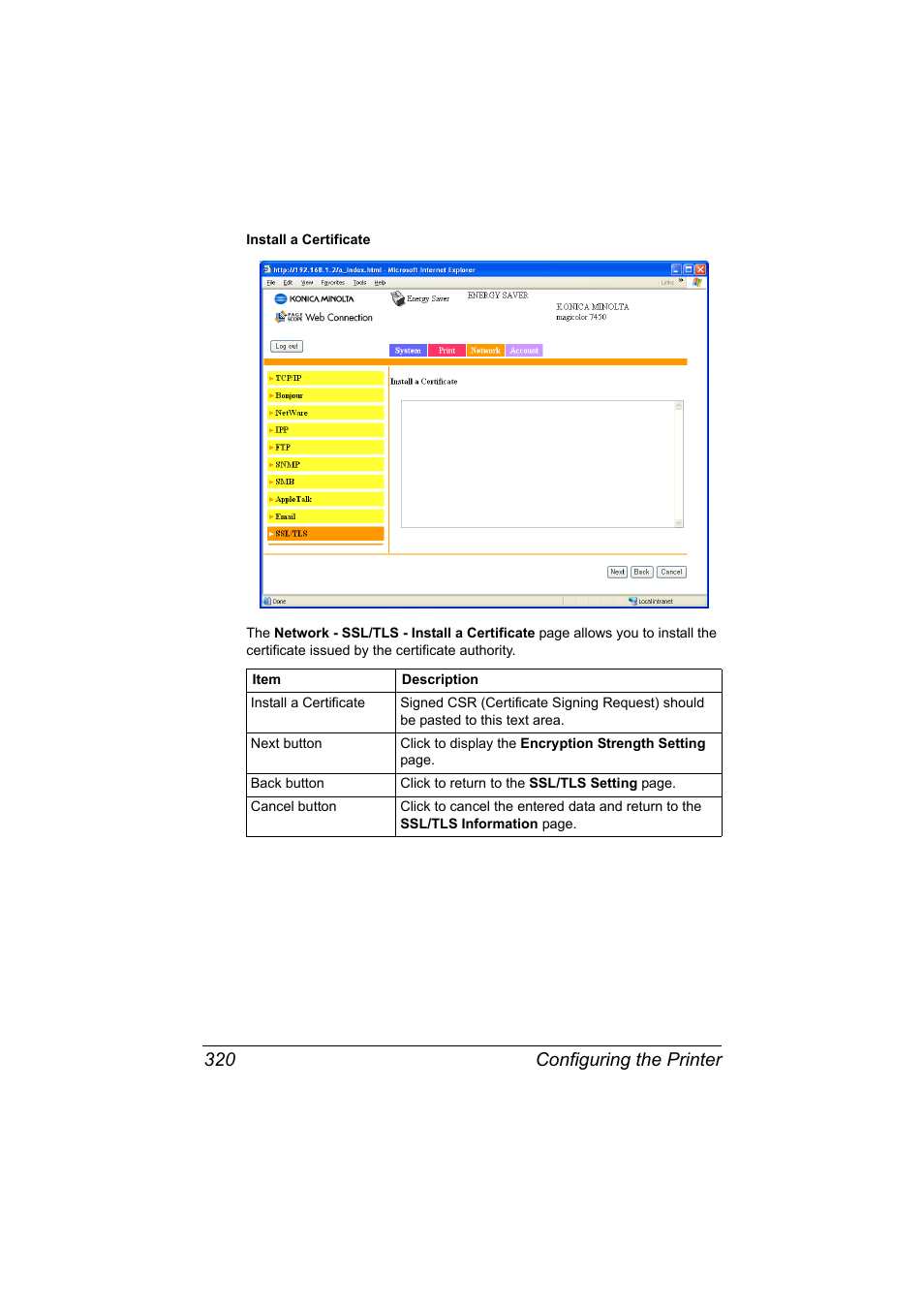 Configuring the printer 320 | Konica Minolta magicolor 7450 II User Manual | Page 340 / 350