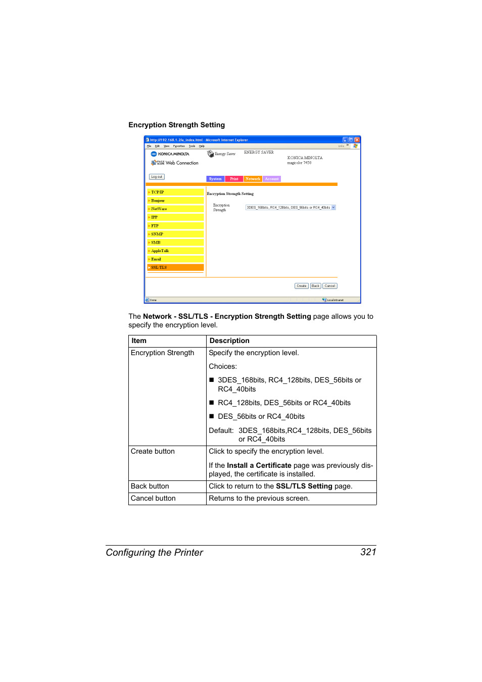 Configuring the printer 321 | Konica Minolta magicolor 7450 II User Manual | Page 341 / 350