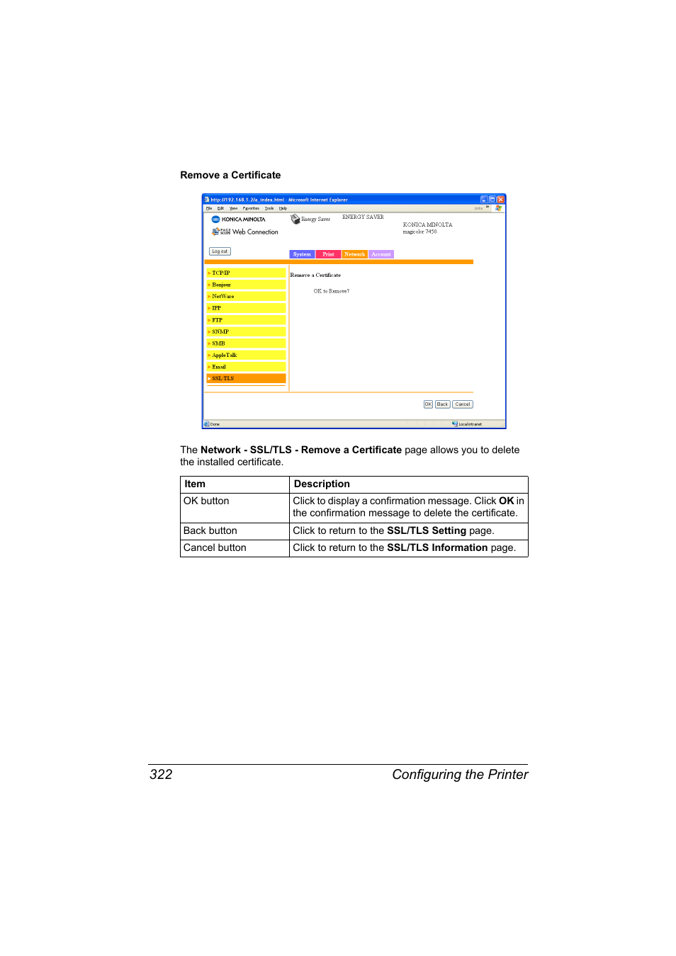 Configuring the printer 322 | Konica Minolta magicolor 7450 II User Manual | Page 342 / 350