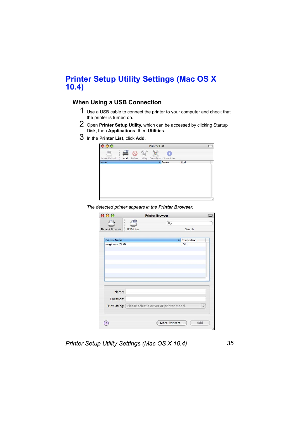 Printer setup utility settings (mac os x 10.4), When using a usb connection, Printer setup utility settings (mac os x 10.4) 35 | When using a usb connection 35 | Konica Minolta magicolor 7450 II User Manual | Page 55 / 350