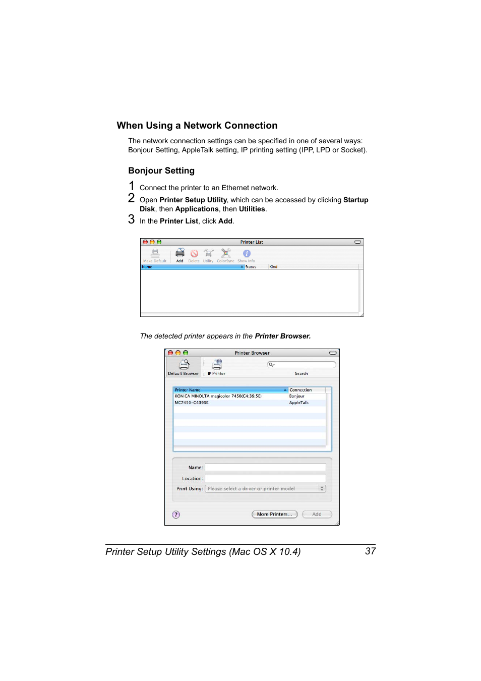 When using a network connection, Bonjour setting, When using a network connection 37 | Bonjour setting 37 | Konica Minolta magicolor 7450 II User Manual | Page 57 / 350